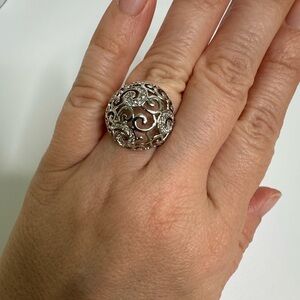 Filigree Dome Ring With Crystal Accents Open Work Design Silver Tone RSC Size 7
